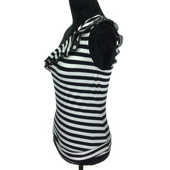 White House Black Market Striped One Shoulder Ruffle Black & White Top - Picture 3 of 8